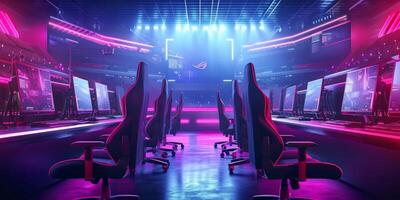 AI generated Futuristic esport background for gaming live streaming. Esport game tournament competition neon banner photo