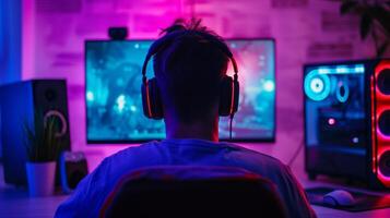 AI generated Young confident man playing online video game. Broadcast live streaming at home, Gamer playing online esport tournament photo