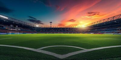 AI generated Soccer stadium with green field for football competition match. Football cup tournament photo