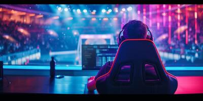 AI generated Futuristic esport background for gaming live streaming. Esport game tournament competition neon banner photo