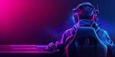 AI generated Futuristic esport background for gaming live streaming. Esport game tournament competition neon banner photo