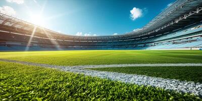 AI generated Soccer stadium with green field for football competition match. Football cup tournament photo