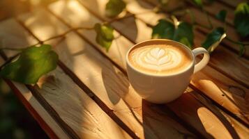 AI generated closeup minimalist ceramic coffee mug with heart latte art Warm tones where the light shines through the leaves on the table. Beige wood photo