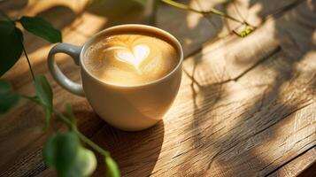 AI generated closeup minimalist ceramic coffee mug with heart latte art Warm tones where the light shines through the leaves on the table. Beige wood photo