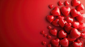 AI generated Valentine day background with red hearts, top view . copy space photo