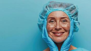 ai generado alegre emocionado medio Envejecido mujer en médico sombrero con pre cirugía marcas en su cara mirando a Copiar espacio para anuncio y sonriente, cirujano manos en azul guantes conmovedor hembra piel foto