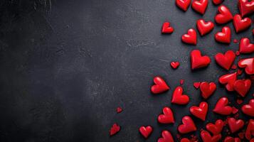 AI generated Valentine day background with red hearts, top view . copyspace photo