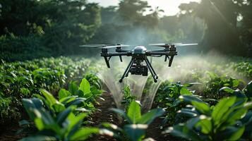 AI generated Agriculture drone fly to sprayed fertilizer on row of cassava tree. smart farmer use drone for various fields like research analysis photo