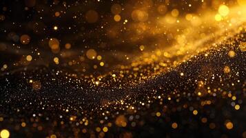 AI generated gold particles abstract background with shining golden Floating Dust Particles Flare Bokeh star on Black Background. Futuristic glittering in space. photo