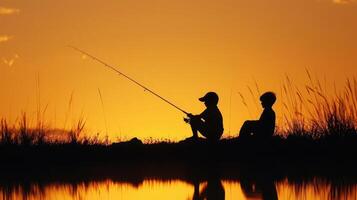 AI generated Two boys are fishing, silhouette. photo