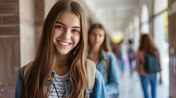 AI generated Happy teenage girl in hallway at high school looking at camera. Her friends are in the background photo