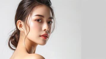 AI generated Beautiful young asian woman with clean fresh skin on white background, Face care, Facial treatment, Cosmetology, beauty and spa, Asian women portrait. photo