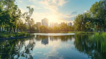 AI generated Scenic view of the park in the center of the big city in the summer. With a lagoon in the middle and green trees. In the atmosphere of evening light photo