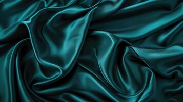 AI generated Dark teal green silk satin. Shiny smooth fabric. Soft folds. Luxury background with space for design. web banner. Flat lay, top view table. Birthday, Christmas photo