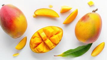 AI generated Mango fruit and half with slices isolated on white background. Top view. Flat lay photo