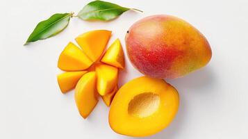 AI generated Mango fruit and half with slices isolated on white background. Top view. Flat lay photo