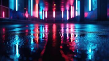 AI generated Light effect, blurred background. Wet asphalt, night view of the city, neon reflections on the concrete floor. Night empty stage, studio. Dark abstract background photo