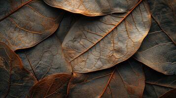 AI generated Close up of Fiber structure of dry leaves texture background. Cell patterns of Skeletons leaves, foliage branches, Leaf veins abstract of Autumn background for creative banner design photo