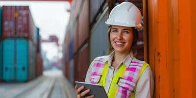 AI generated Young female industrial engineer with a helmet working on a tablet. Checks for control loading in container terminal, An inspector or supervisor, Logistics import export shipping photo