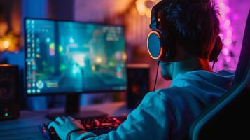 AI generated Young confident man playing online video game. Broadcast live streaming at home, Gamer playing online esport tournament photo