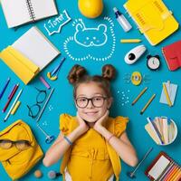 ai generado estudiante con mochila espalda a escuela. beca y educación concepto, contento niño teniendo divertido a escuela, juguetón niño foto