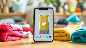 ai generado teléfono inteligente con ropa en pantalla. en línea compras en móvil solicitud o sitio web, digital márketing foto