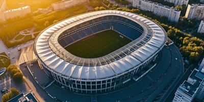 AI generated Soccer stadium with green field for football competition match. Football cup tournament photo