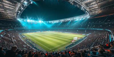 AI generated Soccer stadium with green field for football competition match. Football cup tournament photo