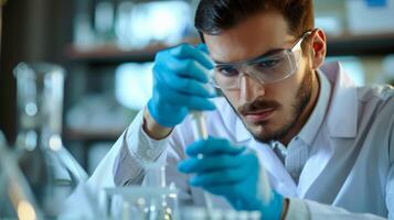 AI generated Young male scientist using a micropipette in a medical research lab. The analysis of biochemical samples. Advanced scientific lab for medicine, microbiology and biotechnology development photo