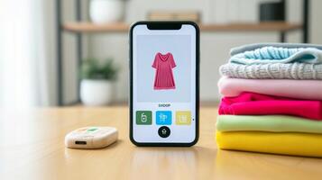 ai generado teléfono inteligente con ropa en pantalla. en línea compras en móvil solicitud o sitio web, digital márketing foto