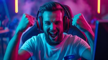 AI generated Gamer playing esport tournament competition. Man plays video games online streaming, Futuristic esport championship arena neon light background photo