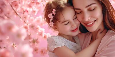 AI generated Happy Mother and Daughter Enjoying Quality Time Together. Joyful Mom Embracing Her Daughter Surrounded by Flowers. Heartwarming and Emotionally Resonant for Mother's Day photo