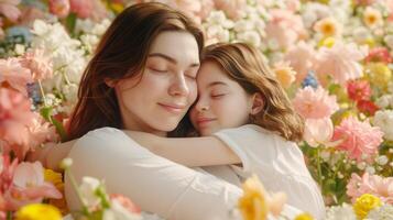 AI generated Happy Mother and Daughter Enjoying Quality Time Together. Joyful Mom Embracing Her Daughter Surrounded by Flowers. Heartwarming and Emotionally Resonant for Mother's Day photo