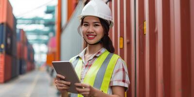 AI generated Young female industrial engineer with a helmet working on a tablet. Checks for control loading in container terminal, An inspector or supervisor, Logistics import export shipping photo