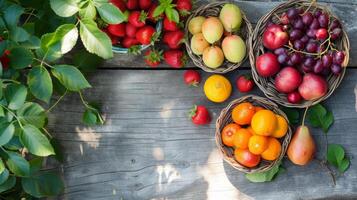 ai generado parte superior ver surtido de diferente frutas Rico en vitamina. nutricional comida para salud bienestar, dieta y sano nutrición, al aire libre verano foto