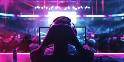 AI generated Futuristic esport background for gaming live streaming. Esport game tournament competition neon banner photo