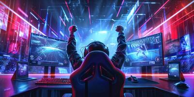 AI generated Futuristic esport background for gaming live streaming. Esport game tournament competition neon banner photo