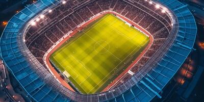 AI generated Soccer stadium with green field for football competition match. Football cup tournament photo