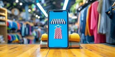 ai generado teléfono inteligente con ropa en pantalla. en línea compras en móvil solicitud o sitio web, digital márketing foto