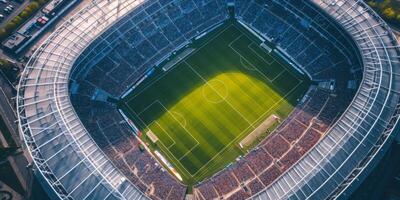 AI generated Soccer stadium with green field for football competition match. Football cup tournament photo