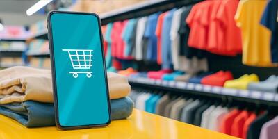AI generated Smartphone with Shopping Cart on Screen. Online shopping on Mobile Application or Website, Digital Marketing photo