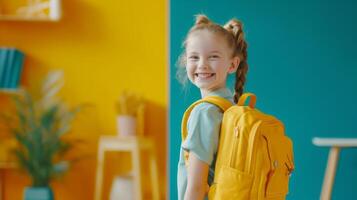 AI generated Student with backpack Back to school. Studentship and Education concept, Happy kid having fun at school, Playful child photo