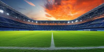 AI generated Soccer stadium with green field for football competition match. Football cup tournament photo