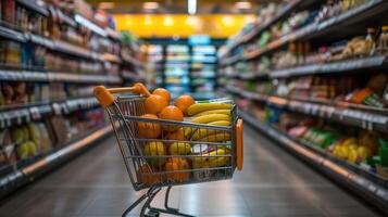 ai generado tienda de comestibles carro en un supermercado con bienes en bastidores foto