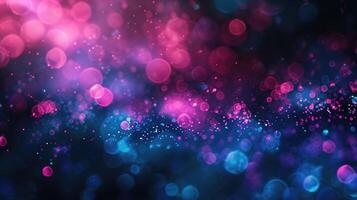 AI generated Color light overlay. Fluorescent radiance. Defocused vibrant pink blue soft flecks texture on dark art empty space background photo