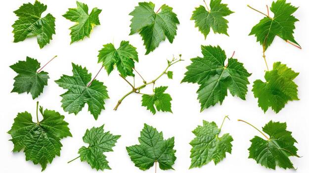 AI generated Grape leaf isolated. Young grape leaves with branch and tendrils on white background. Grape leaf collection on white. Full depth of field. photo