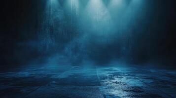 AI generated Dark street, wet asphalt, reflections of rays in the water. Abstract dark blue background, smoke, smog. Empty dark scene, neon light, spotlights. Concrete floor photo