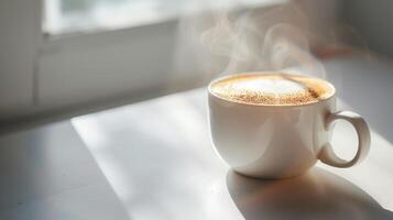 AI generated A steaming cup of coffee with a creamy froth on top rests on a wooden surface in bright, natural light near a window, suggesting a cozy morning or a relaxing break photo