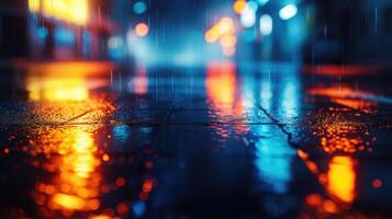 AI generated Light effect, blurred background. Wet asphalt, night view of the city, neon reflections on the concrete floor. Night empty stage, studio. Dark abstract background photo