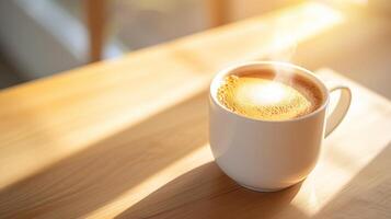AI Generated A steaming cup of coffee with a creamy froth on top rests on a wooden surface in bright, natural light near a window, suggesting a cozy morning or a relaxing break photo